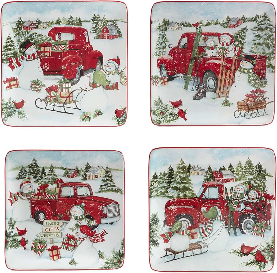 Set of 4 Red Truck Snowman Salad and Dessert Plates