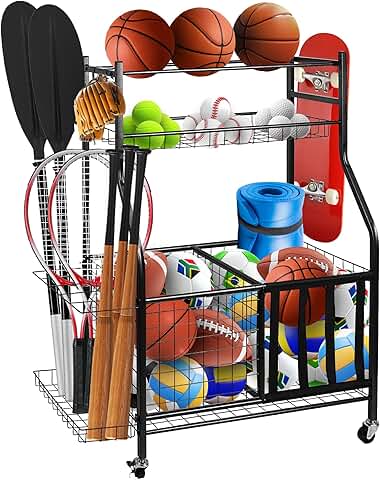 Garage sports equipment storage with ball rack and hooks