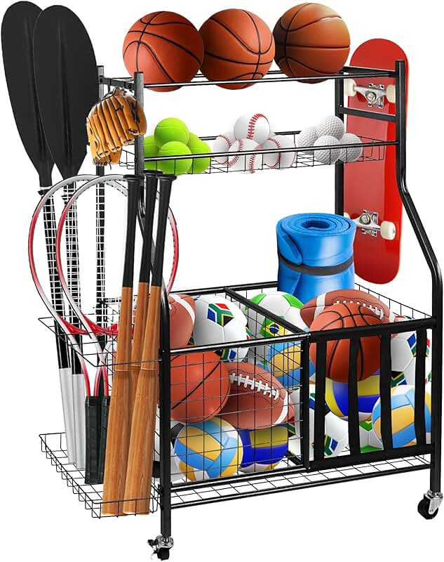 Garage sports equipment storage with ball rack and hooks