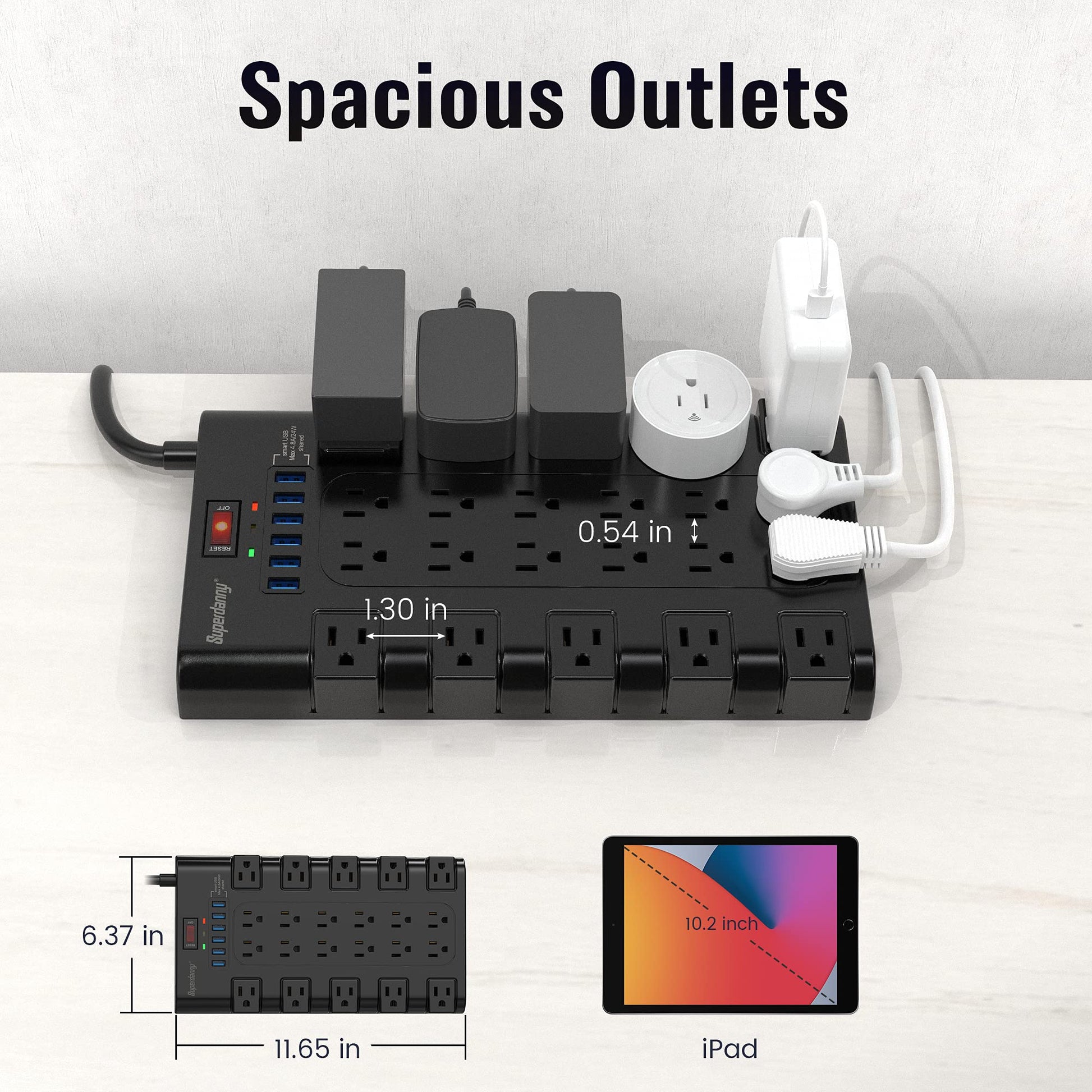 Power Strip, Surge Protector with 22 AC Outlets and 6 USB Charging Ports, 1875W/15A, 2100 Joules, 6.5Ft Flat Plug Heavy Duty Extension Cord for Home, Office, Dorm, Gaming Room, Black