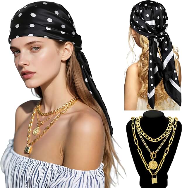 Women Pirate Accessories with Square Head Scarf and Gold Necklaces