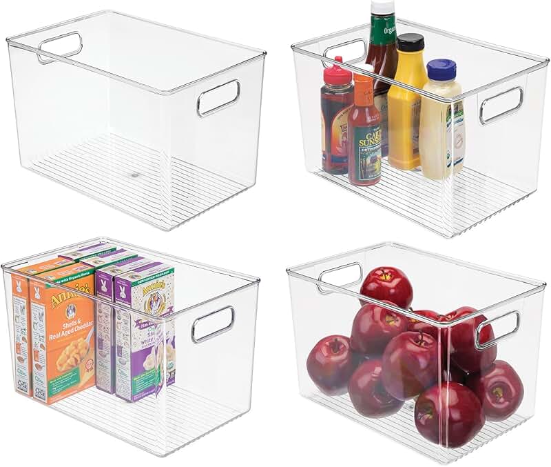 Set of 4 clear storage bins with handles