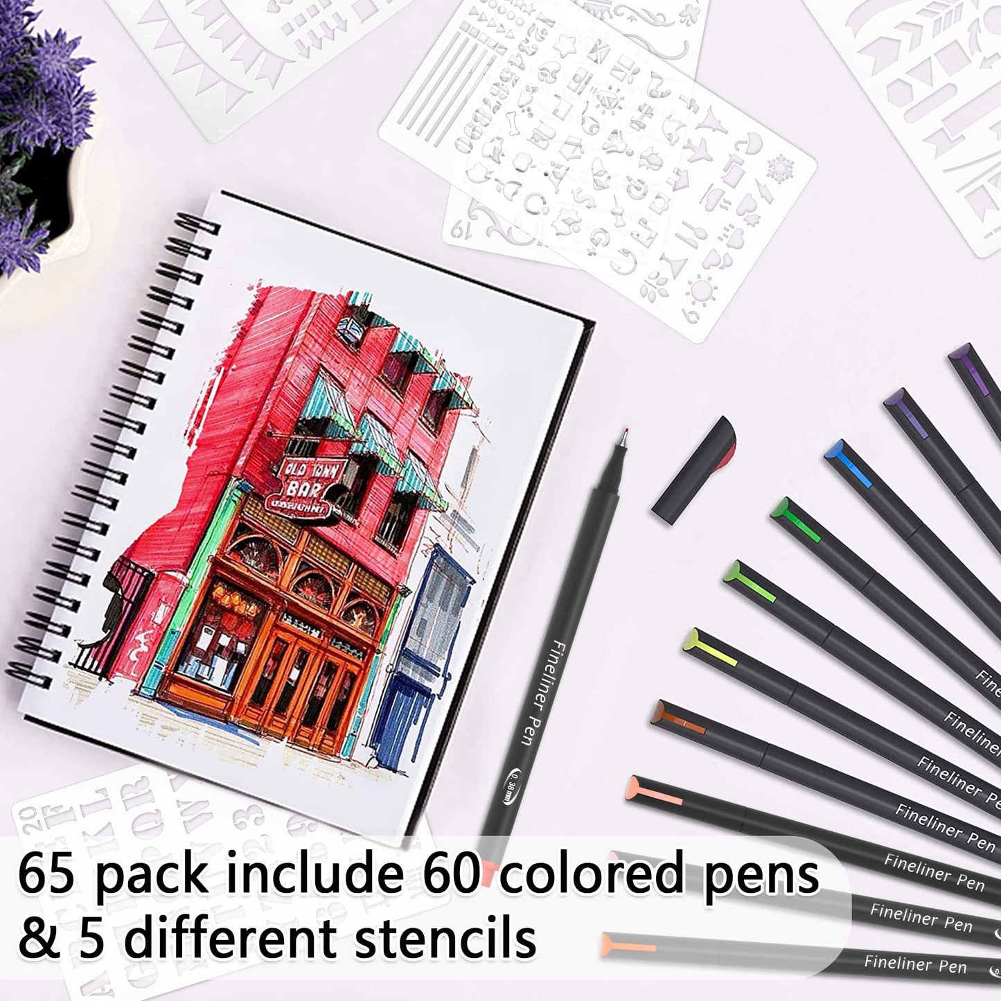 65 Pack Colored Pens with Stencils for Journals and Notes