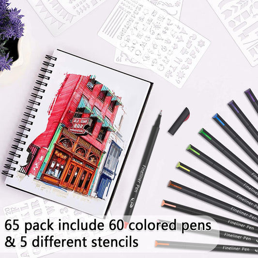 65 Pack Colored Pens with Stencils for Journals and Notes