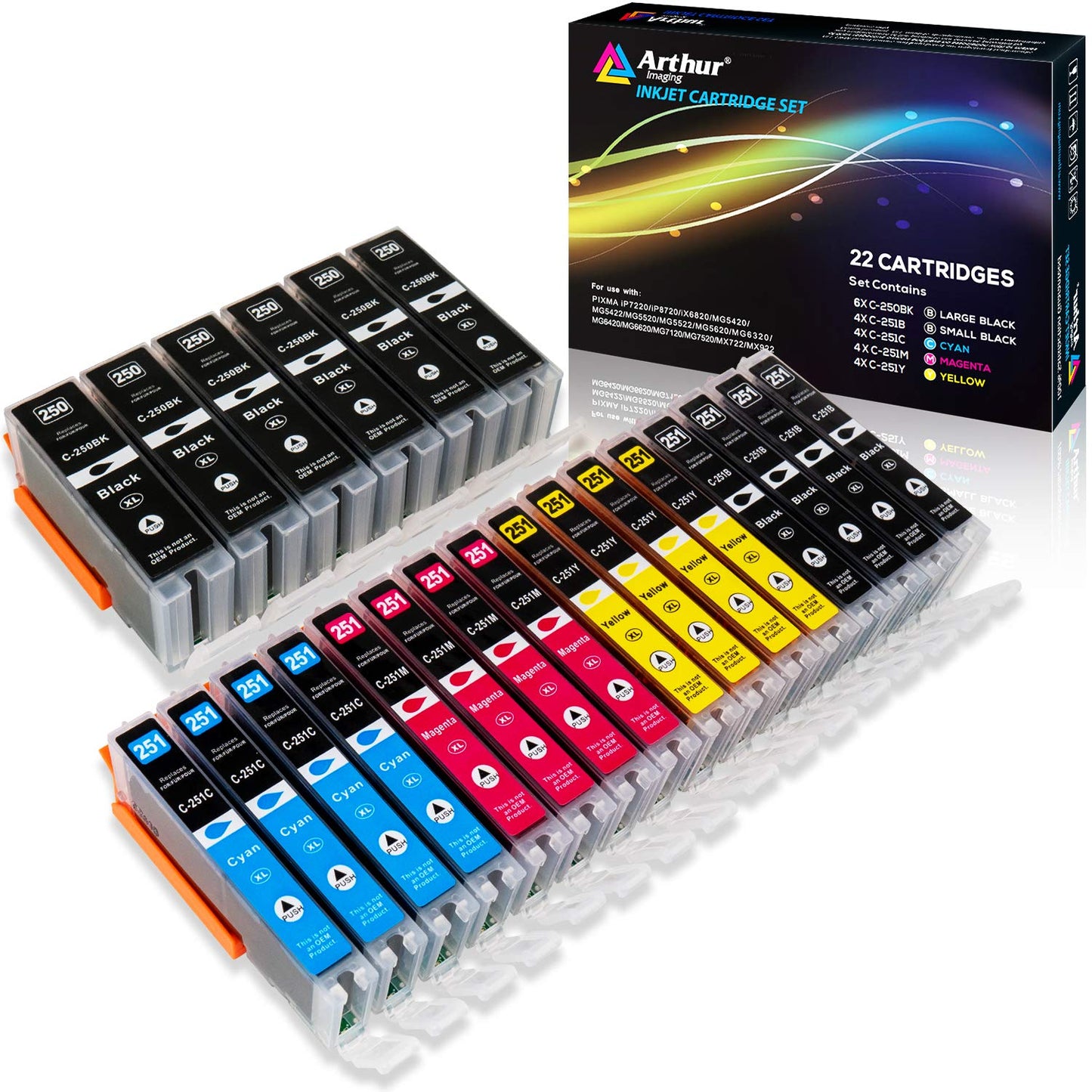 Compatible Ink Cartridge Replacement for Canon Pgi-250Xl CLI-251XL for Use with Pixma MX922 MG5520 (6 Large Black, 4 Small Black, 4 Cyan, 4 Yellow, 4 Magenta, 22-Pack)