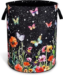 Colorful Butterfly and Flower Laundry Basket with Handle