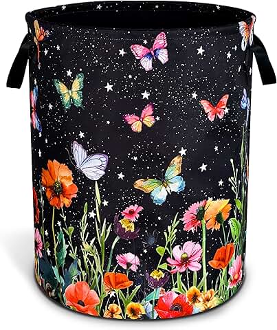 Colorful Butterfly and Flower Laundry Basket with Handle