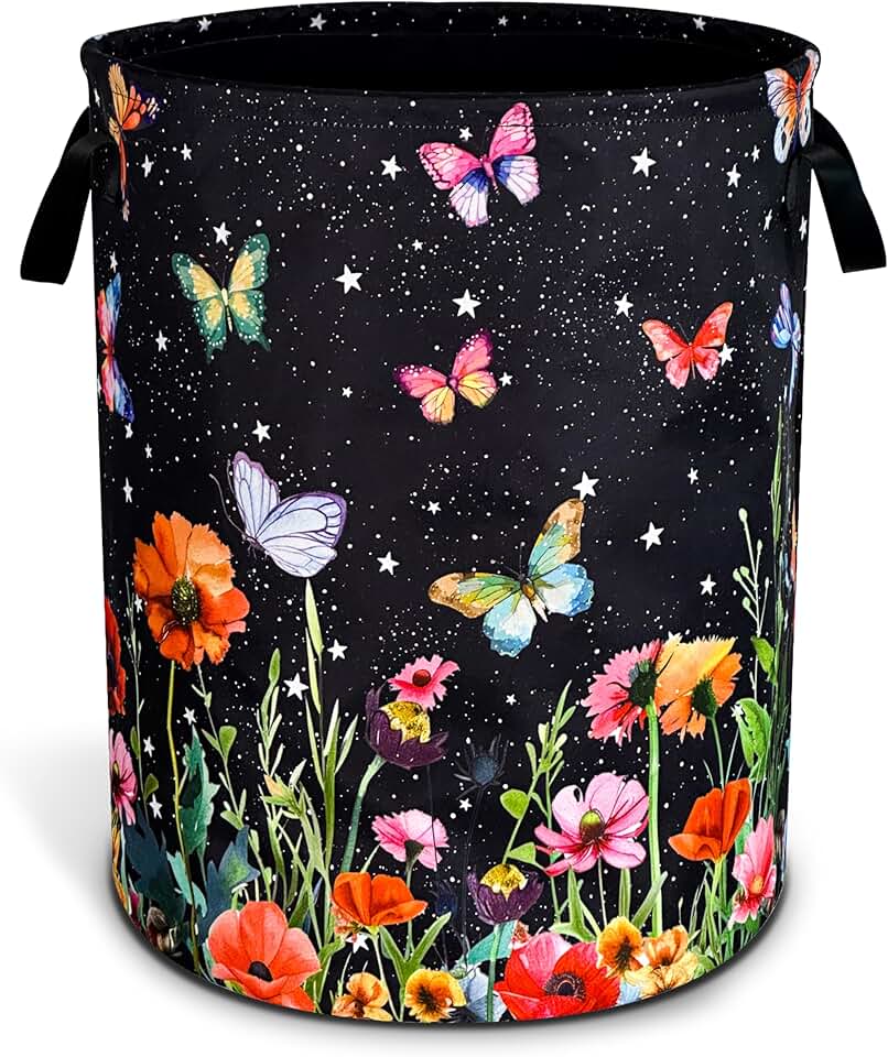 Colorful Butterfly and Flower Laundry Basket with Handle