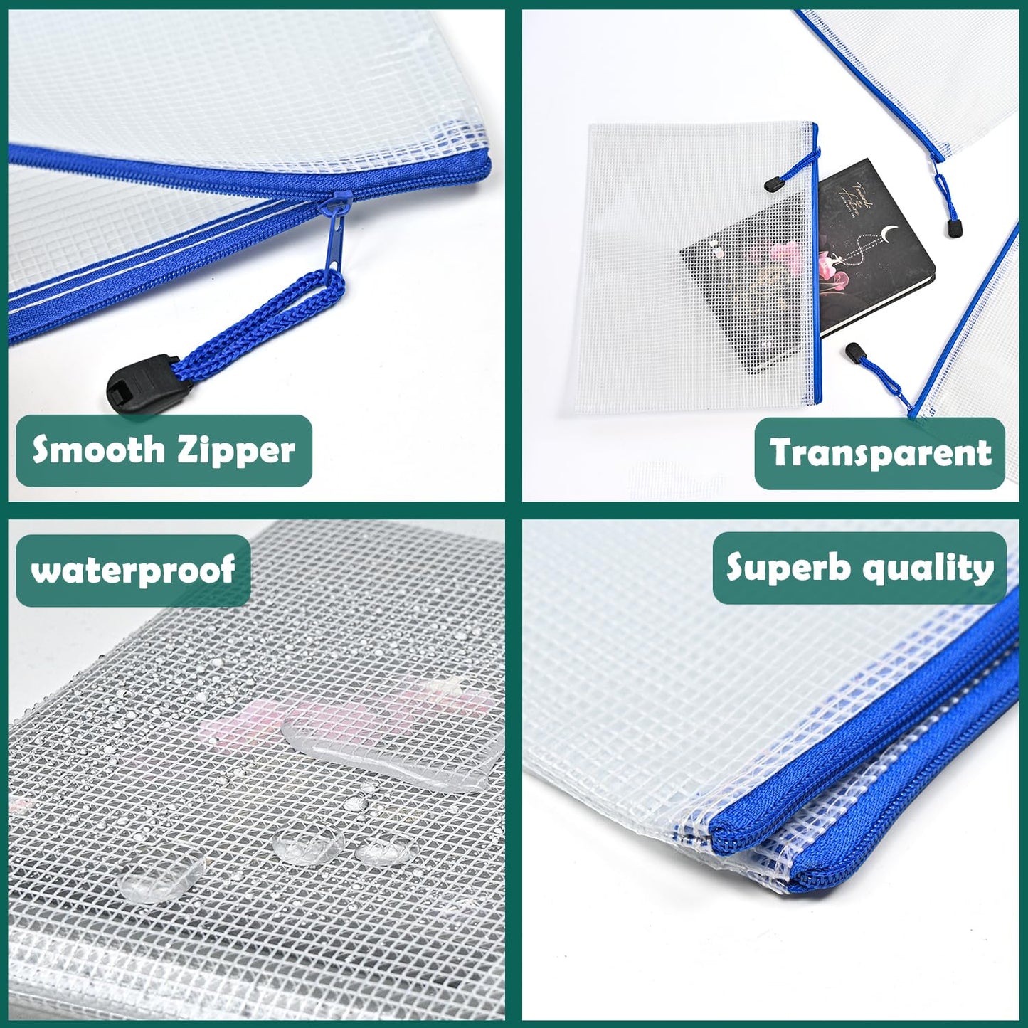 10 Waterproof Mesh Zipper File Bags for Office and School