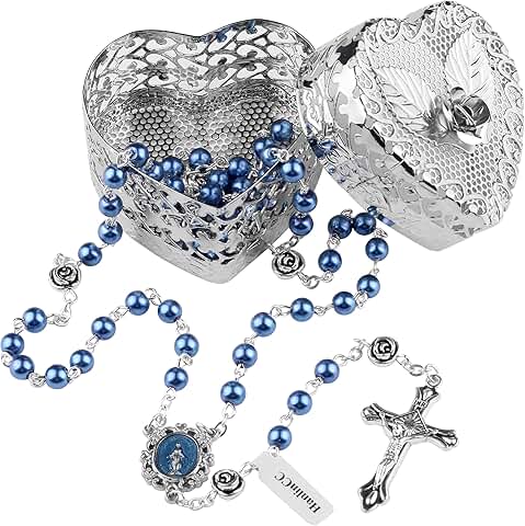 6mm Glass Pearl Beads Catholic Rosary Necklace with Heart Rose Gift Box