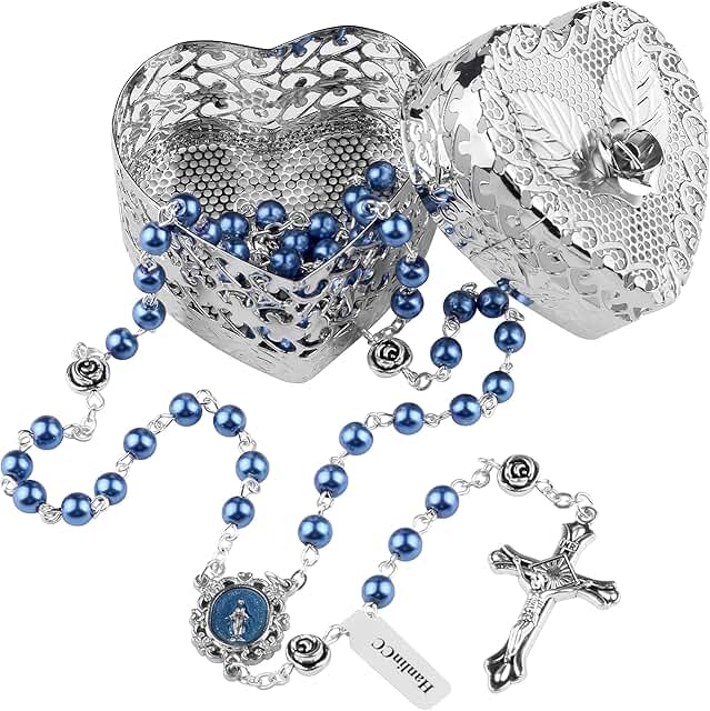 6mm Glass Pearl Beads Catholic Rosary Necklace with Heart Rose Gift Box