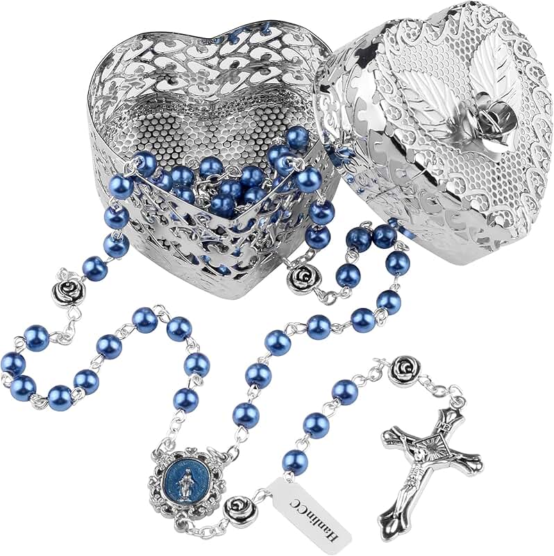 6mm Glass Pearl Beads Catholic Rosary Necklace with Heart Rose Gift Box