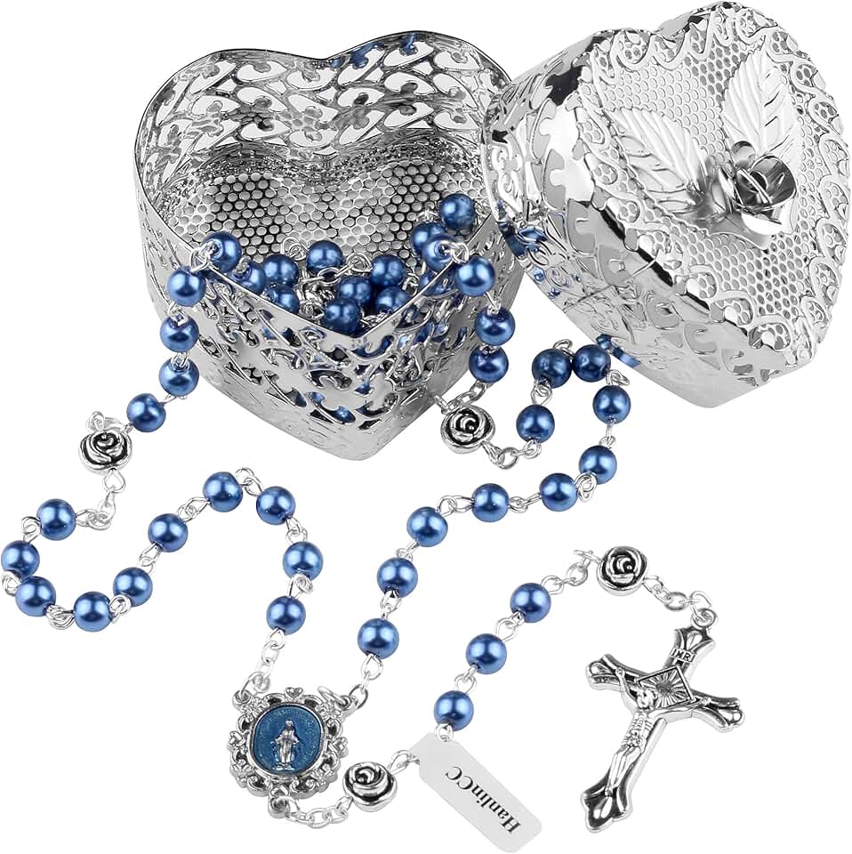 6mm Glass Pearl Beads Catholic Rosary Necklace with Heart Rose Gift Box