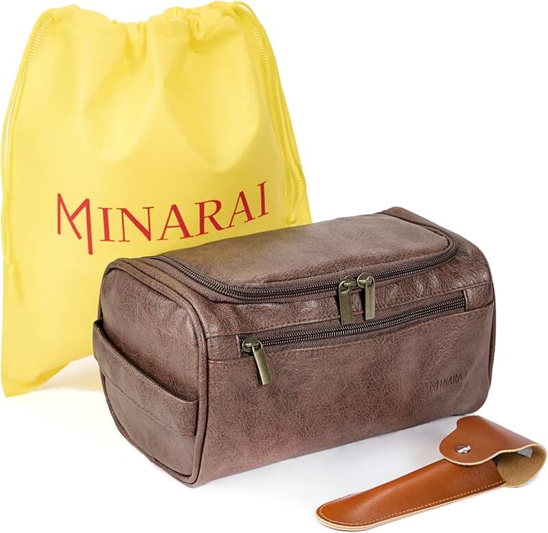 Men's toiletry bag with razor case, reinforced stitching, padded panels, and hook
