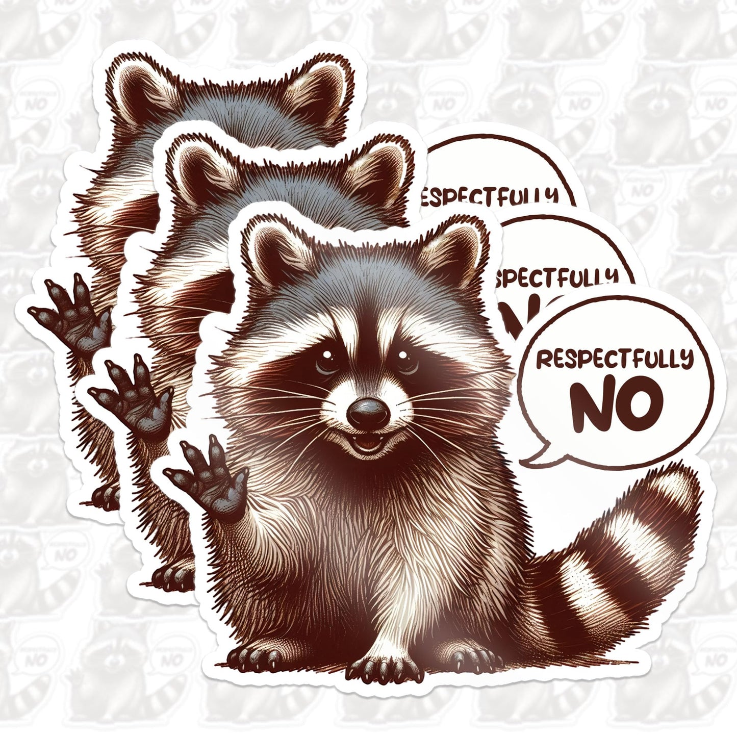 Set of 3 waterproof 3-inch raccoon decals for bottles, laptops, and more