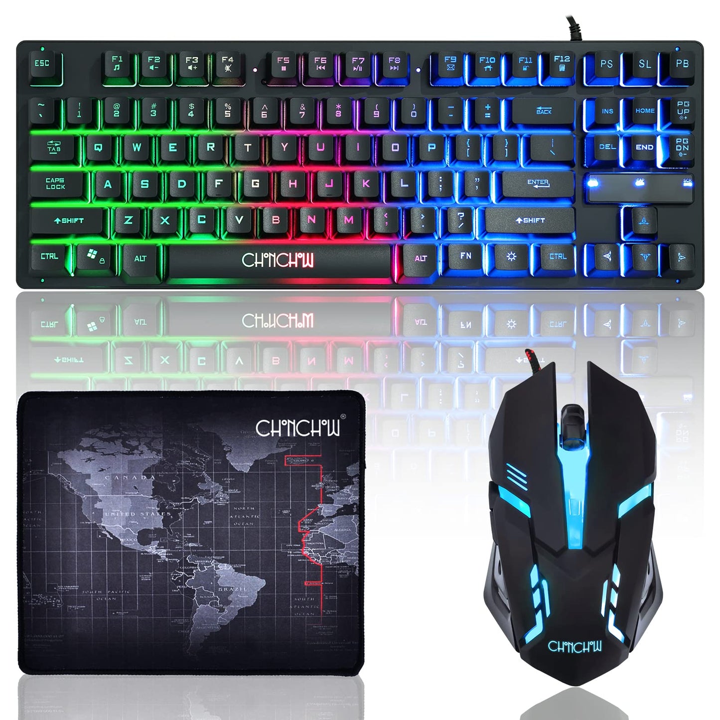 RGB Gaming Mouse and Keyboard, 87 Keys TKL Gaming Keyboard and Mouse Combo, Wired LED Rainbow Backlit Keyboard 800-3200 DPI RGB Mouse, Keyboard and Mouse Gaming for PS4 Xbox PC Laptop Mac