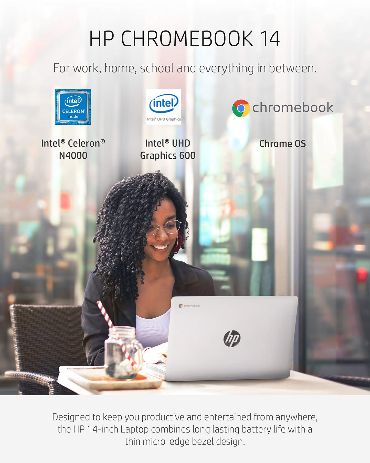 Chromebook 14 Laptop, Intel Celeron N4000 Processor, 4 GB RAM, 32 GB eMMC, 14 HD Display, Chrome, Lightweight Computer with Webcam and Dual Mics, Home, School, Music, Movies (14a-na0021nr, 2021)