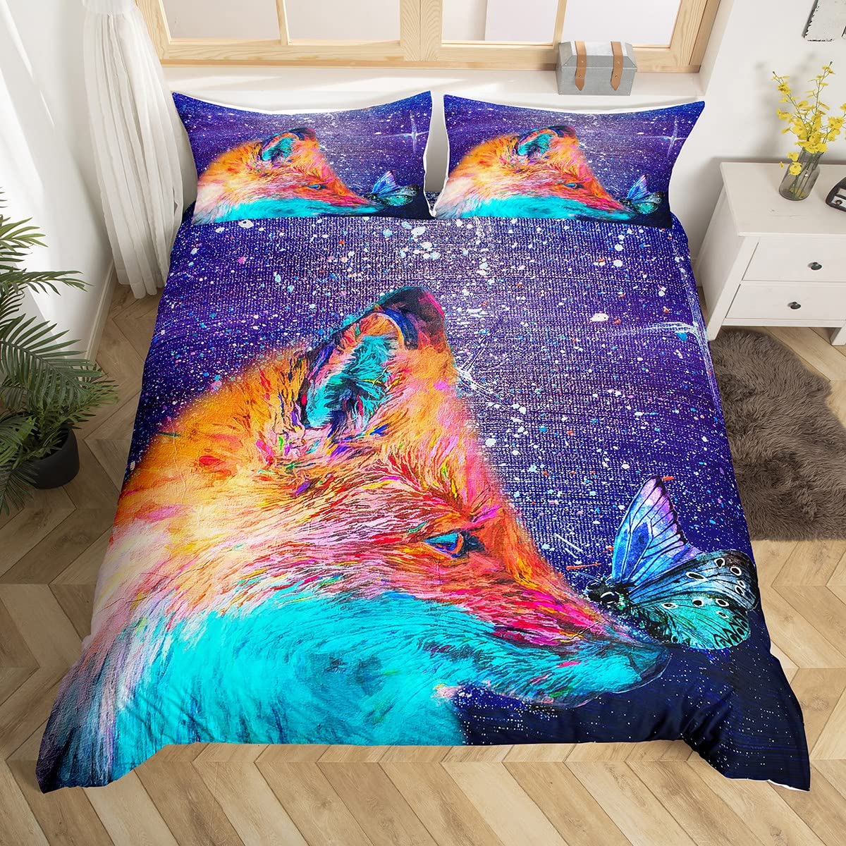 Fox Print Bedding Set Cartoon Fox Butterfly Comforter Cover for Kids Adult 3D Animal Theme Purple axy Painting Duvet Cover Bedspread Cover Room Decor 3Pcs with 2 Pillow Case King Size