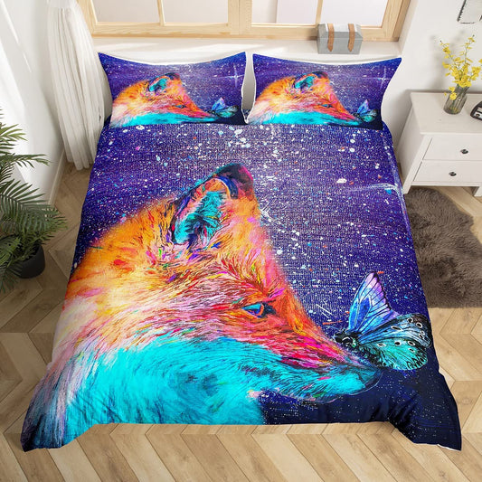Fox Print Bedding Set Cartoon Fox Butterfly Comforter Cover for Kids Adult 3D Animal Theme Purple axy Painting Duvet Cover Bedspread Cover Room Decor 3Pcs with 2 Pillow Case King Size