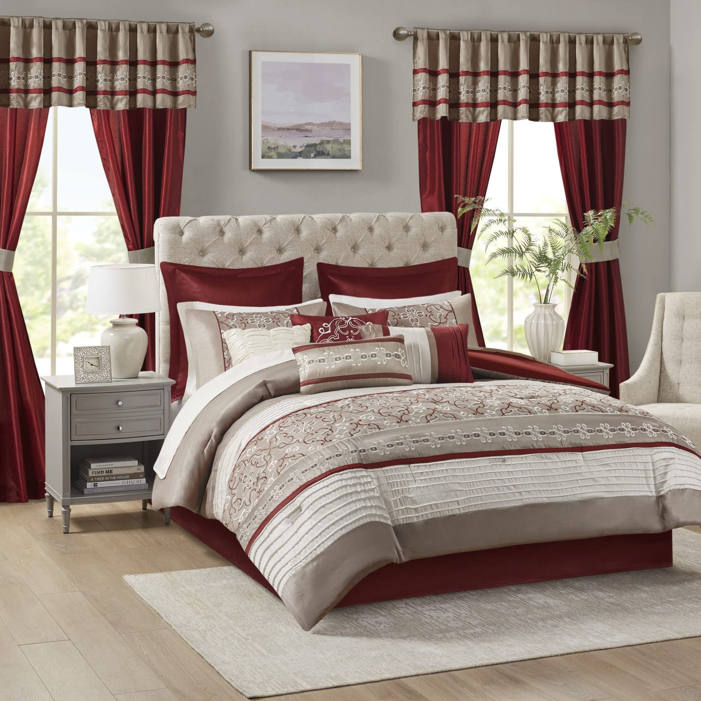 Essentials Jelena Room in A Bag Faux Silk Comforter Clic Luxe All Season Down Alternative Bedding, Matching Bedskirt, Curtains, Decorative Pillows, King(104"x92"), Red 24 Piece