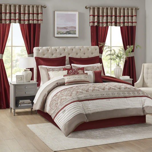 Essentials Jelena Room in A Bag Faux Silk Comforter Clic Luxe All Season Down Alternative Bedding, Matching Bedskirt, Curtains, Decorative Pillows, King(104"x92"), Red 24 Piece