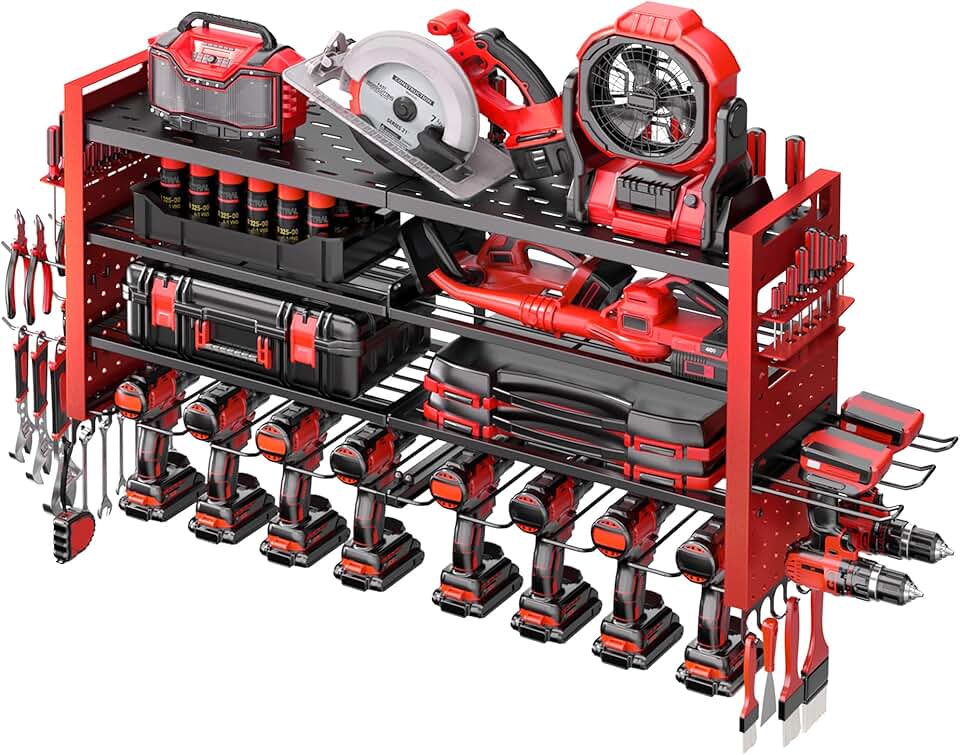 Heavy Duty Wall Mount Tool Organizer with Drill Holders