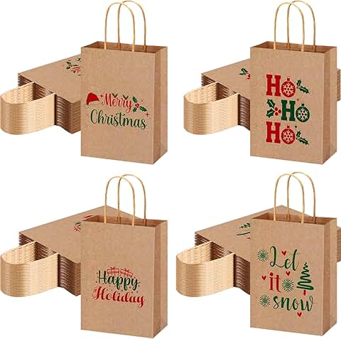 Set of 100 Small Christmas Kraft Gift Bags with Handles