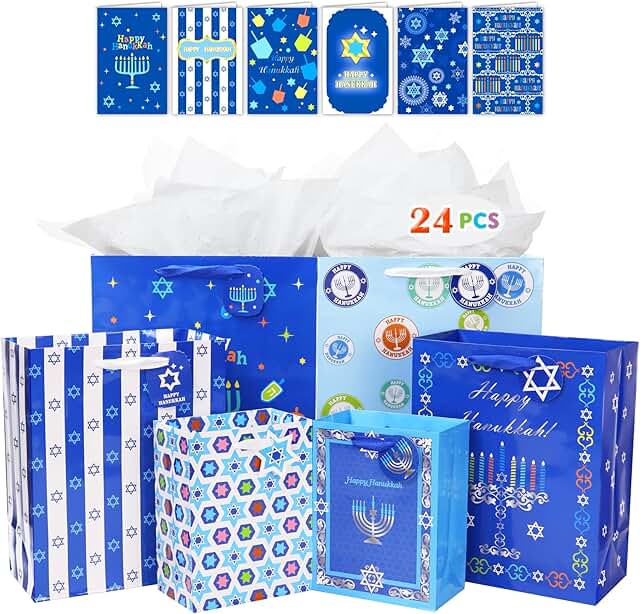 Set of 12 Hanukkah Gift Bags with Cards and Envelopes