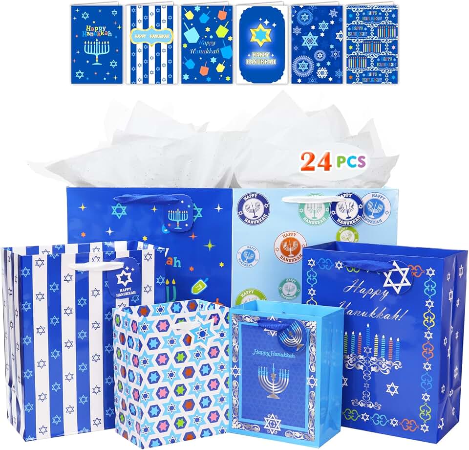 Set of 12 Hanukkah Gift Bags with Cards and Envelopes