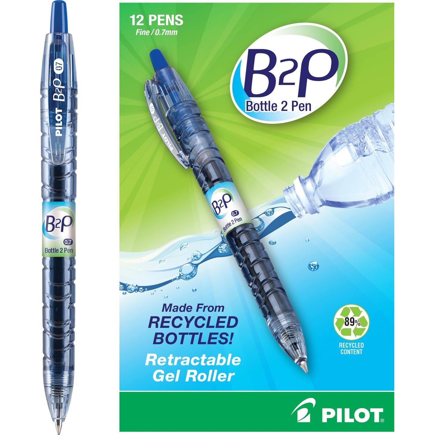 Refillable Blue Gel Pen from Recycled Bottles, 12 Pack