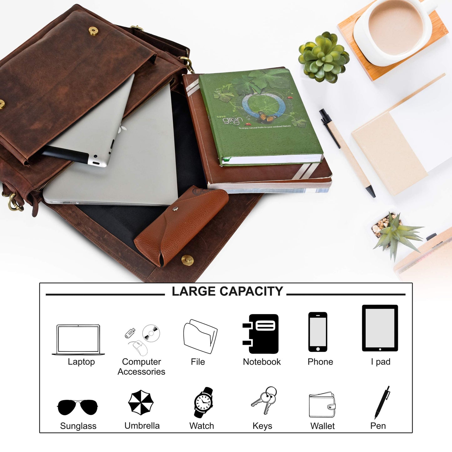 Leather Briefcase For Men Adjustable Satchel Crossbody Messenger Organizer Bag