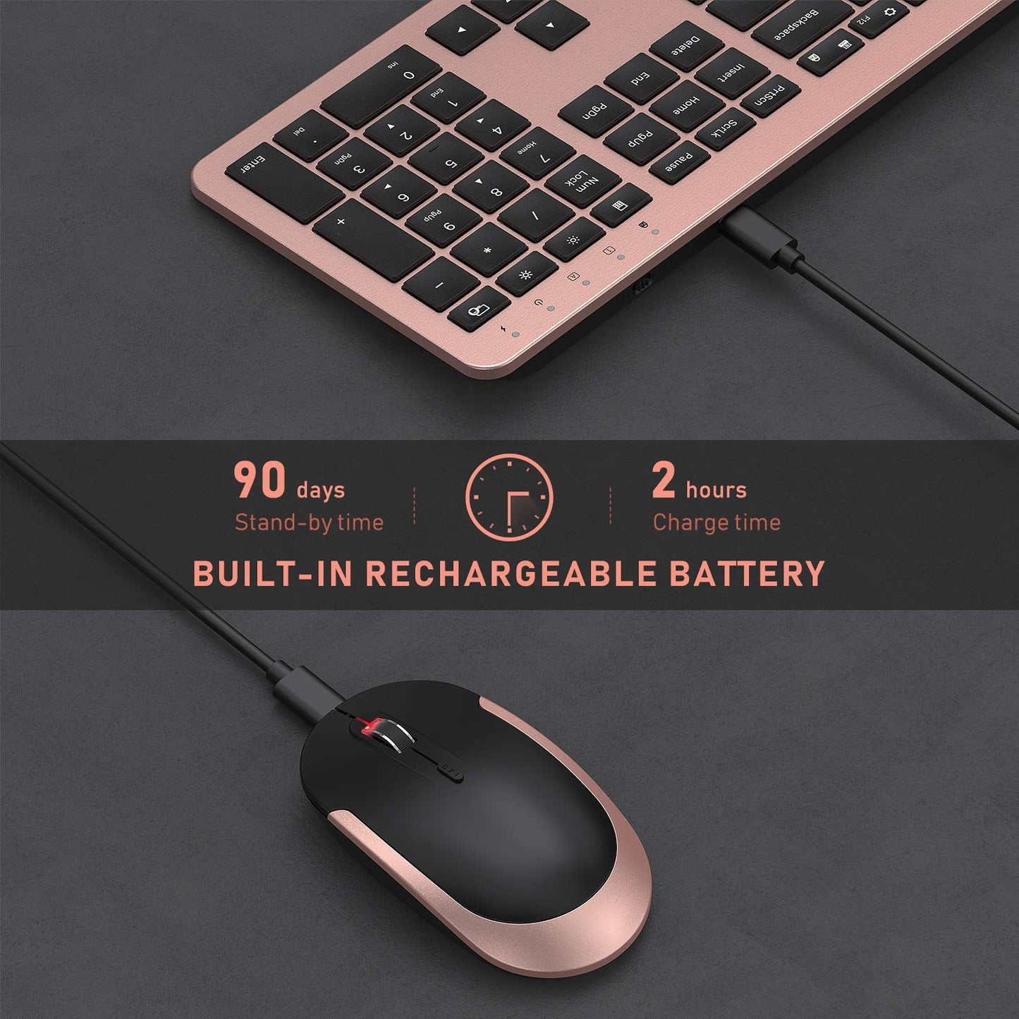 Rechargeable Wireless Keyboard Mouse Combo Full Size Cordless Keyboard & Mouse Sets with Build-in Lithium Battery Ultra Thin Quiet Keyboard Mice (Black and Rose Gold)