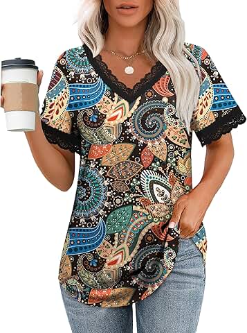 V-Neck Lace Sleeve Women's T-Shirt for Summer