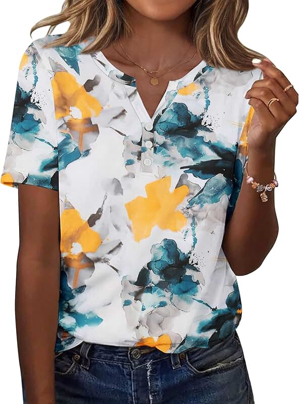 Short Sleeve Floral Blouses for Women Summer Work Top