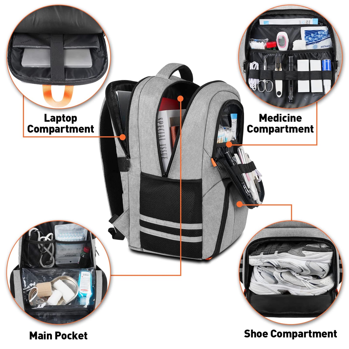 Gym Backpack For Men Women, Travel Backpack With Shoe Compartment USB Charging Port, Water Resistant Medical Laptop Backpack Fit 15.6 Inch Notebook, Camping, Hiking, School, Grey