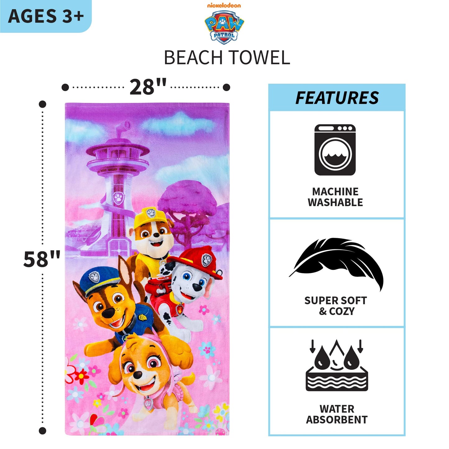 Kids Super Soft Cotton Bath/Pool/Beach Towel, 58 in x 28 in, P Patrol Girls