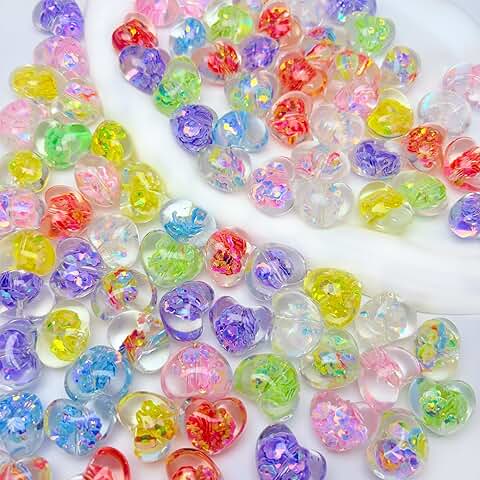 30pcs 24mm Acrylic Heart Beads with Colorful Flowers