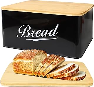 Modern metal bread box with bamboo lid for kitchen storage