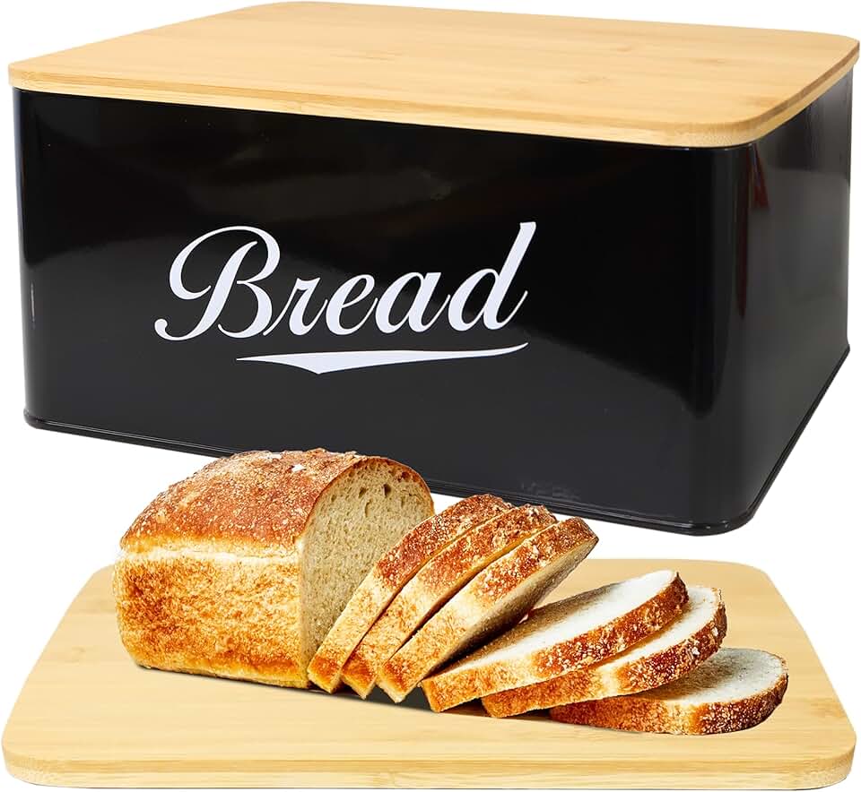 Modern metal bread box with bamboo lid for kitchen storage