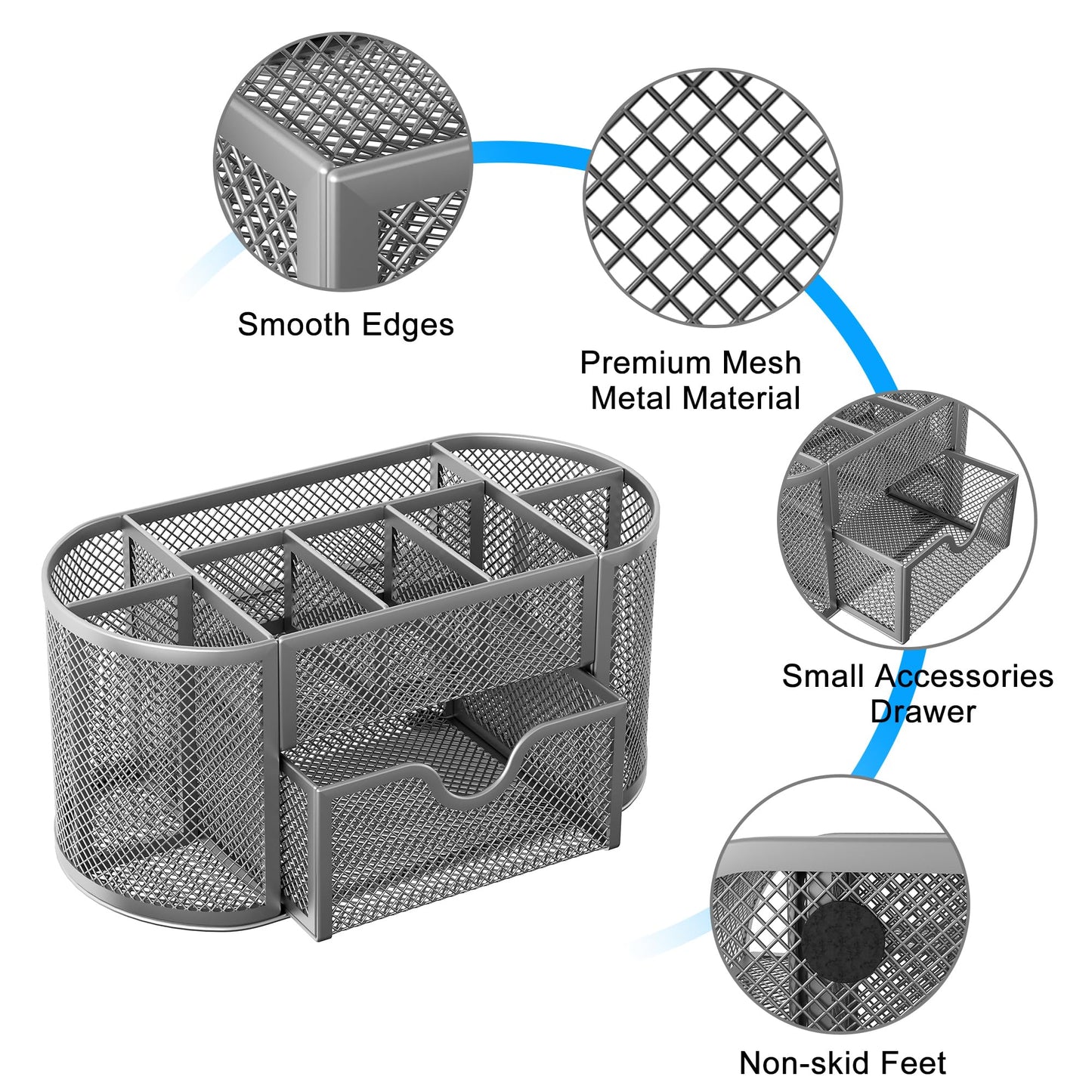 Mesh Pen Holder with Drawer and Compartments