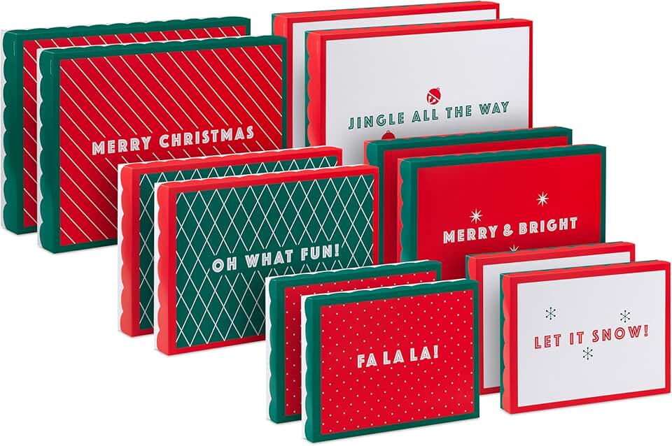 Red and Green Christmas Gift Box Assortment with Scalloped Lids