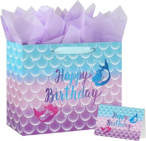 Large 13-inch Mermaid Birthday Gift Bag with Tissue and Card