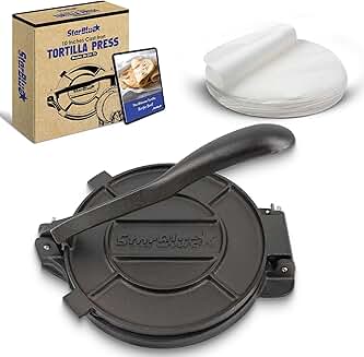 10 Inch Cast Iron Tortilla Press with Oil Paper and Recipes