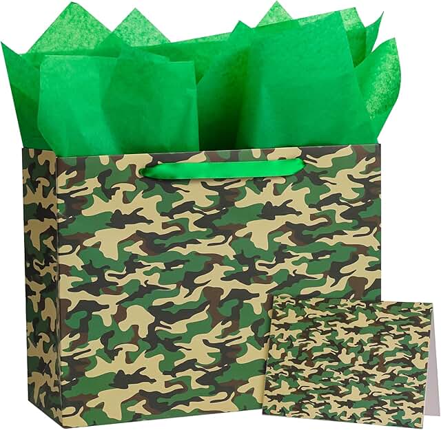 13-inch Green Camouflage Gift Bags with Card and Tissue