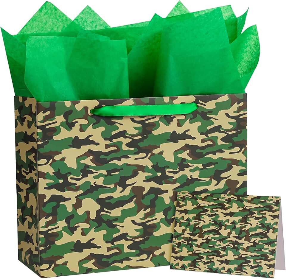13-inch Green Camouflage Gift Bags with Card and Tissue