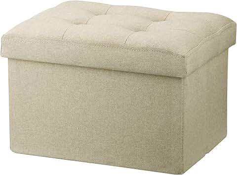 Small beige linen storage ottoman with footrest