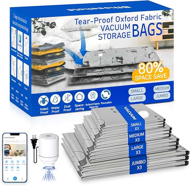 Heavy Duty Vacuum Storage Bags with Pump and App, 12 Pack