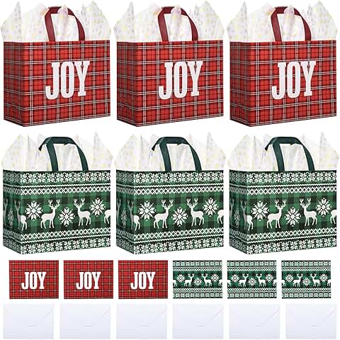 Six large Christmas gift bags with tissue paper