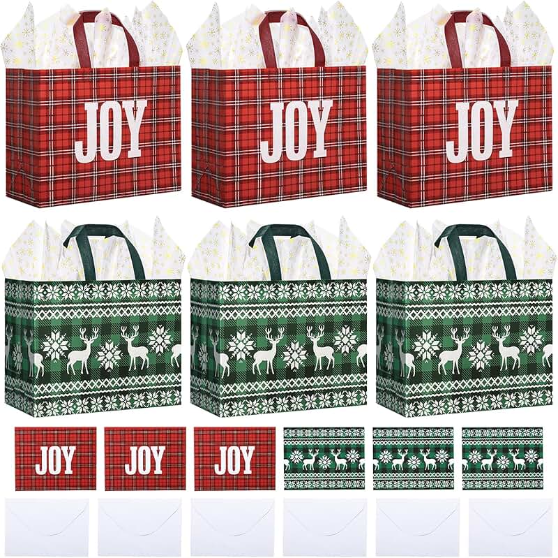 Six large Christmas gift bags with tissue paper