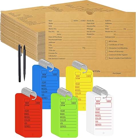 Set of 100 vehicle dealer jackets, envelopes, key tags, pens